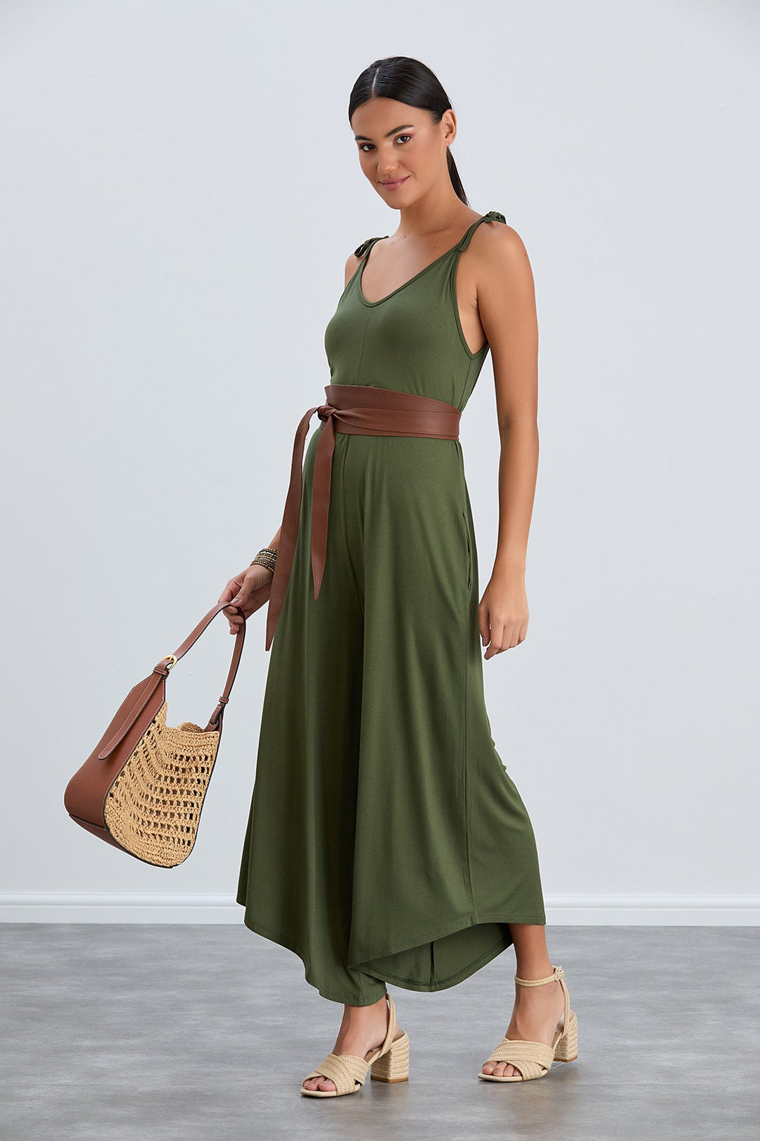 Cozy Loose fit Oversize Wide leg Jumpsuit in Khaki