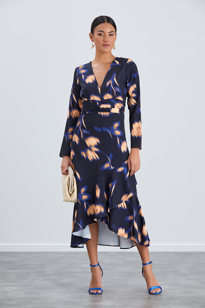 Long Sleeve Frill Midi Dress in Navy with Orange Floral Print