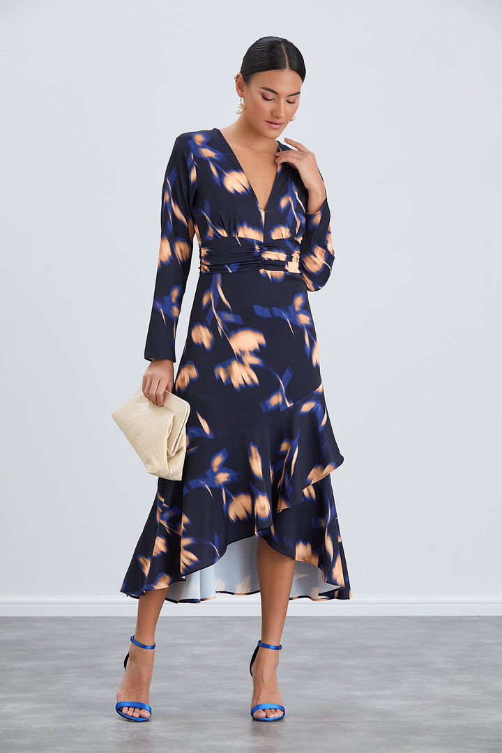 Long Sleeve Frill Midi Dress in Navy with Orange Floral Print