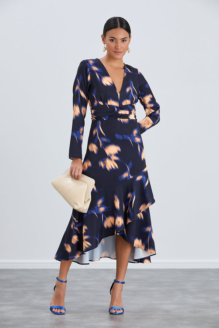 Long Sleeve Frill Midi Dress in Navy with Orange Floral Print