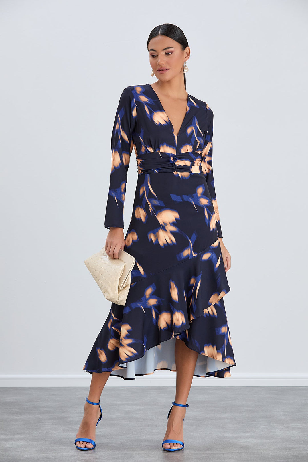 Long Sleeve Frill Midi Dress in Navy with Orange Floral Print