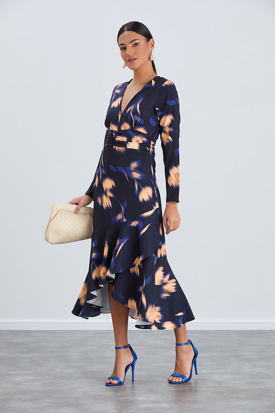 Long Sleeve Frill Midi Dress in Navy with Orange Floral Print