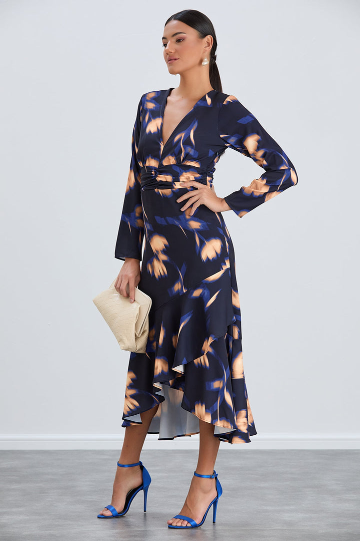 Long Sleeve Frill Midi Dress in Navy with Orange Floral Print