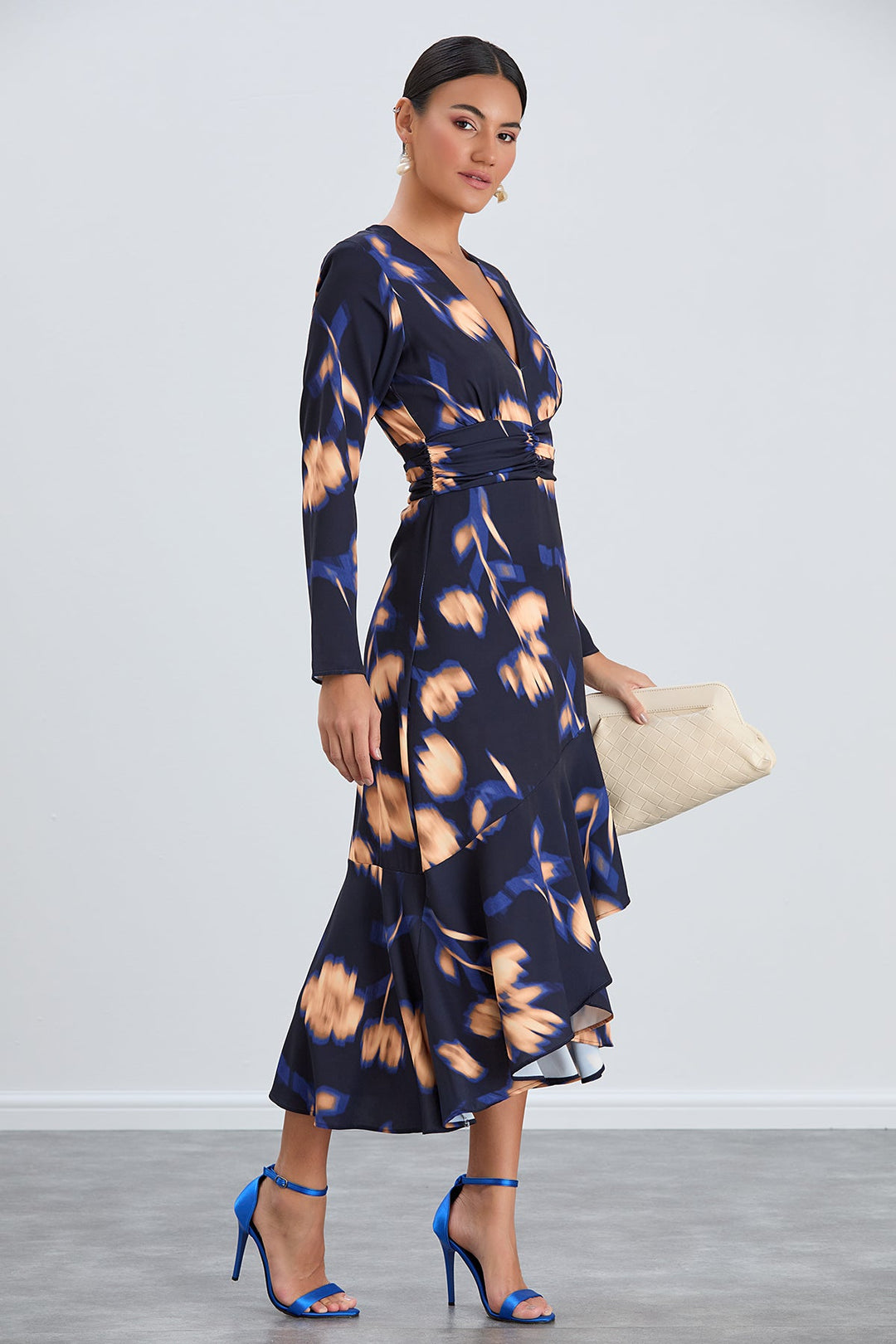 Long Sleeve Frill Midi Dress in Navy with Orange Floral Print