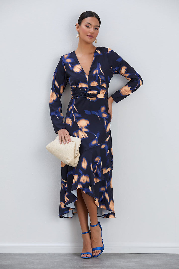 Long Sleeve Frill Midi Dress in Navy with Orange Floral Print