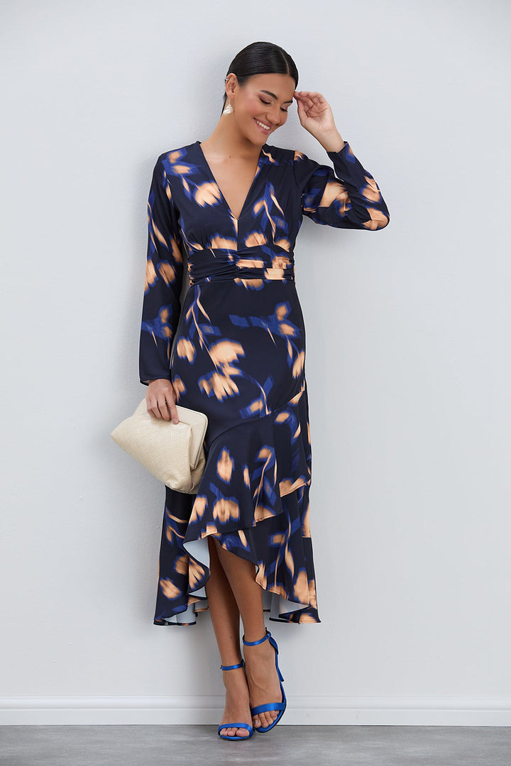 Long Sleeve Frill Midi Dress in Navy with Orange Floral Print