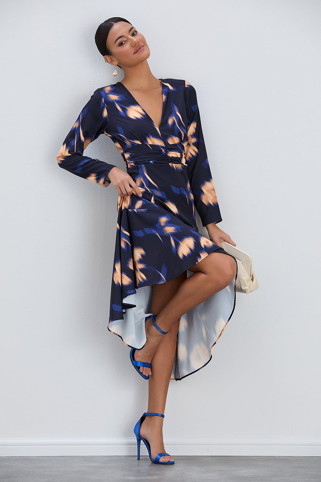 Long Sleeve Frill Midi Dress in Navy with Orange Floral Print