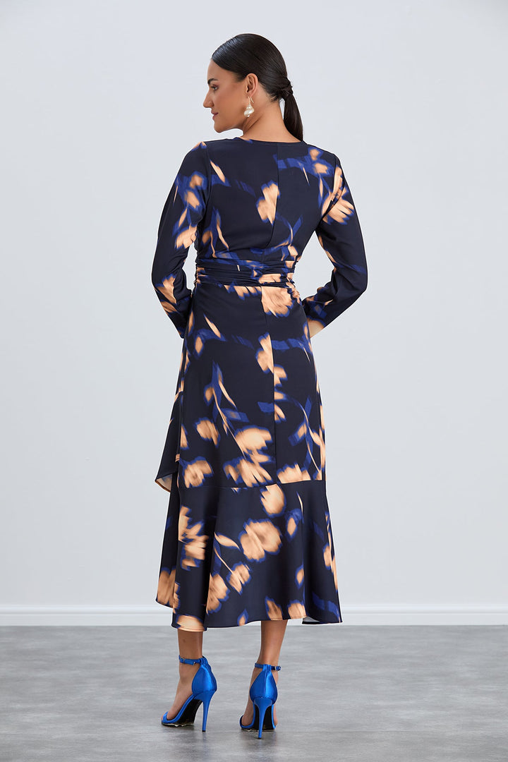 Long Sleeve Frill Midi Dress in Navy with Orange Floral Print