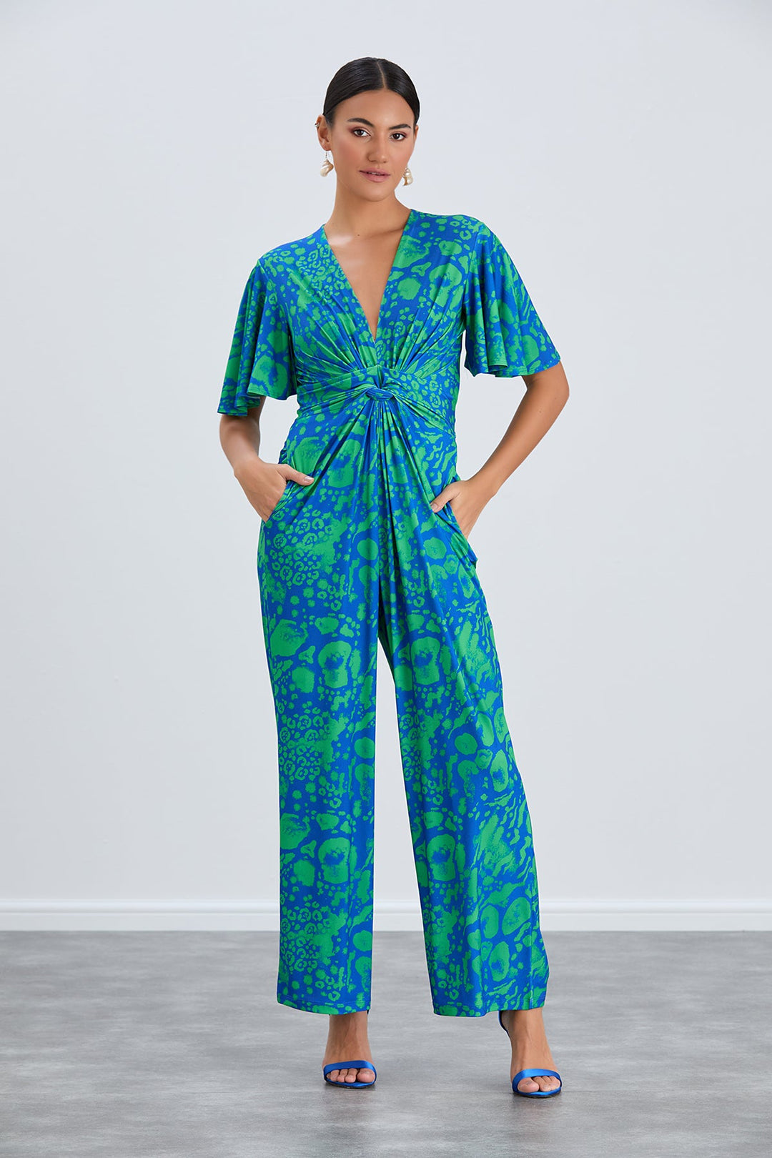 Angel Sleeve Twist Maxi Jumpsuit in Tropical Green print