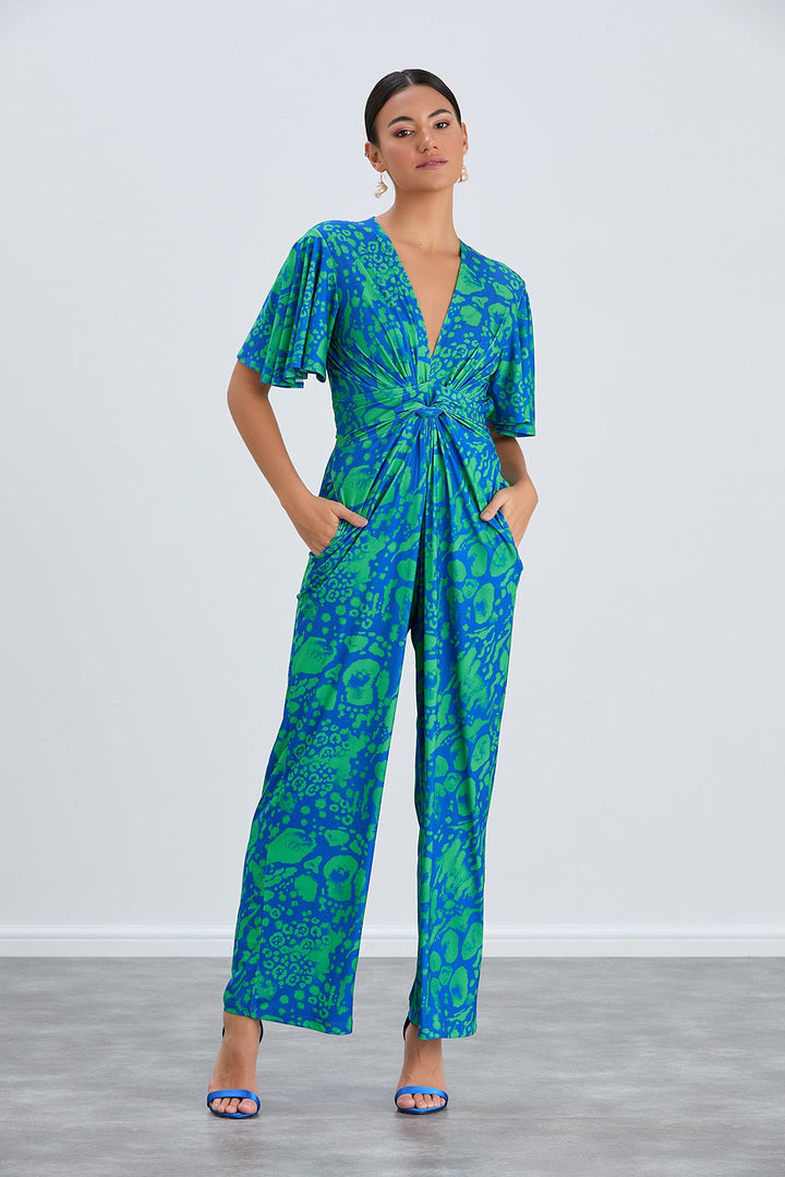 Angel Sleeve Twist Maxi Jumpsuit in Tropical Green print