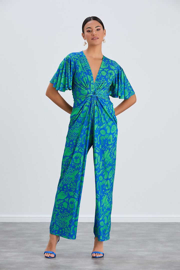 Angel Sleeve Twist Maxi Jumpsuit in Tropical Green print