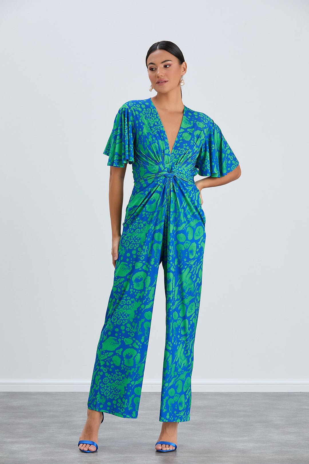 Angel Sleeve Twist Maxi Jumpsuit in Tropical Green print