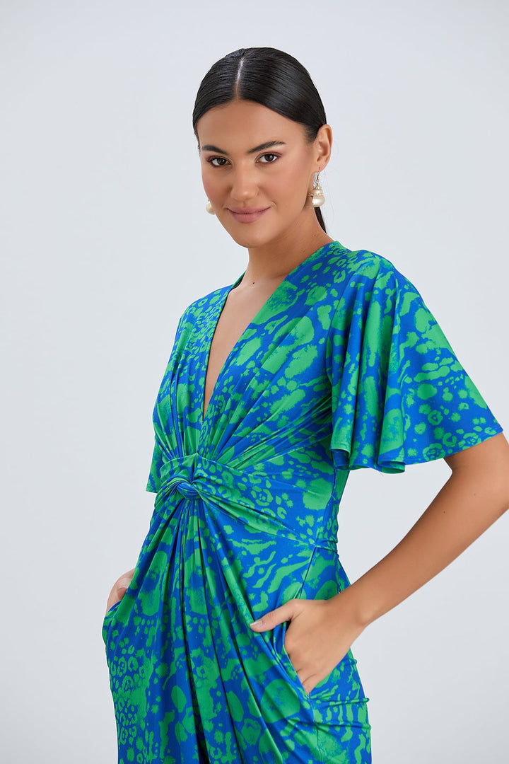 Angel Sleeve Twist Maxi Jumpsuit in Tropical Green print