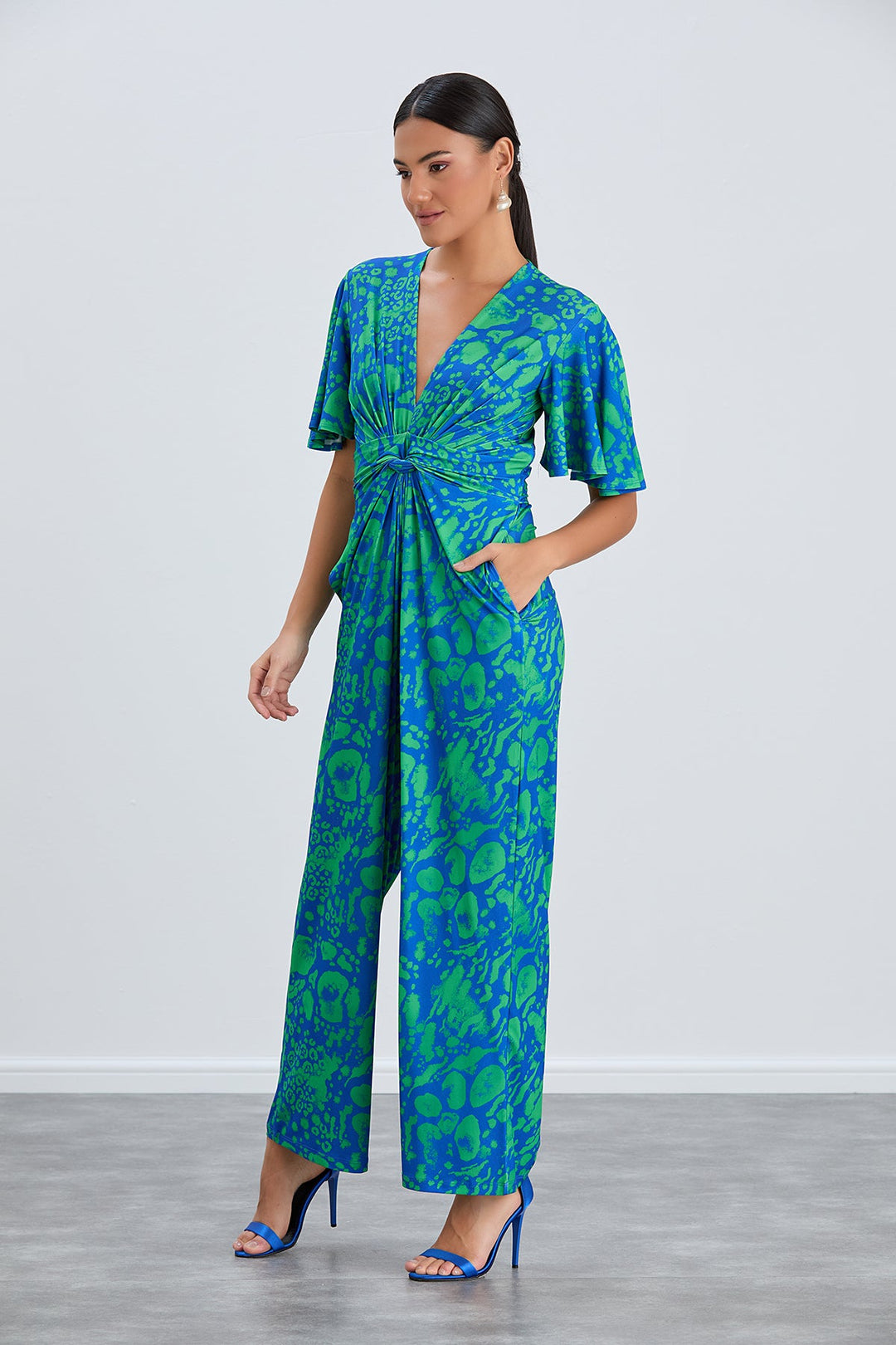 Angel Sleeve Twist Maxi Jumpsuit in Tropical Green print