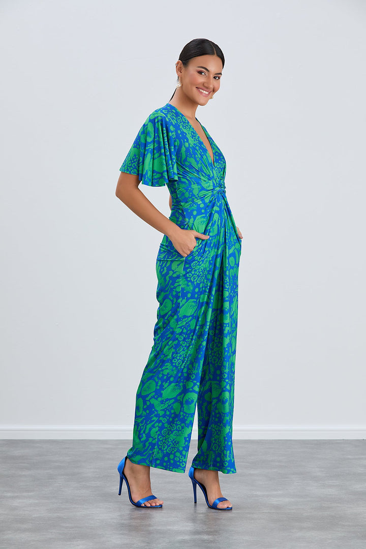 Angel Sleeve Twist Maxi Jumpsuit in Tropical Green print