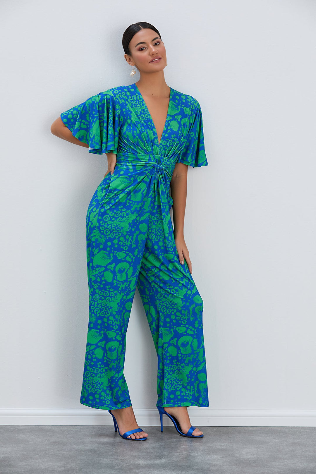 Angel Sleeve Twist Maxi Jumpsuit in Tropical Green print