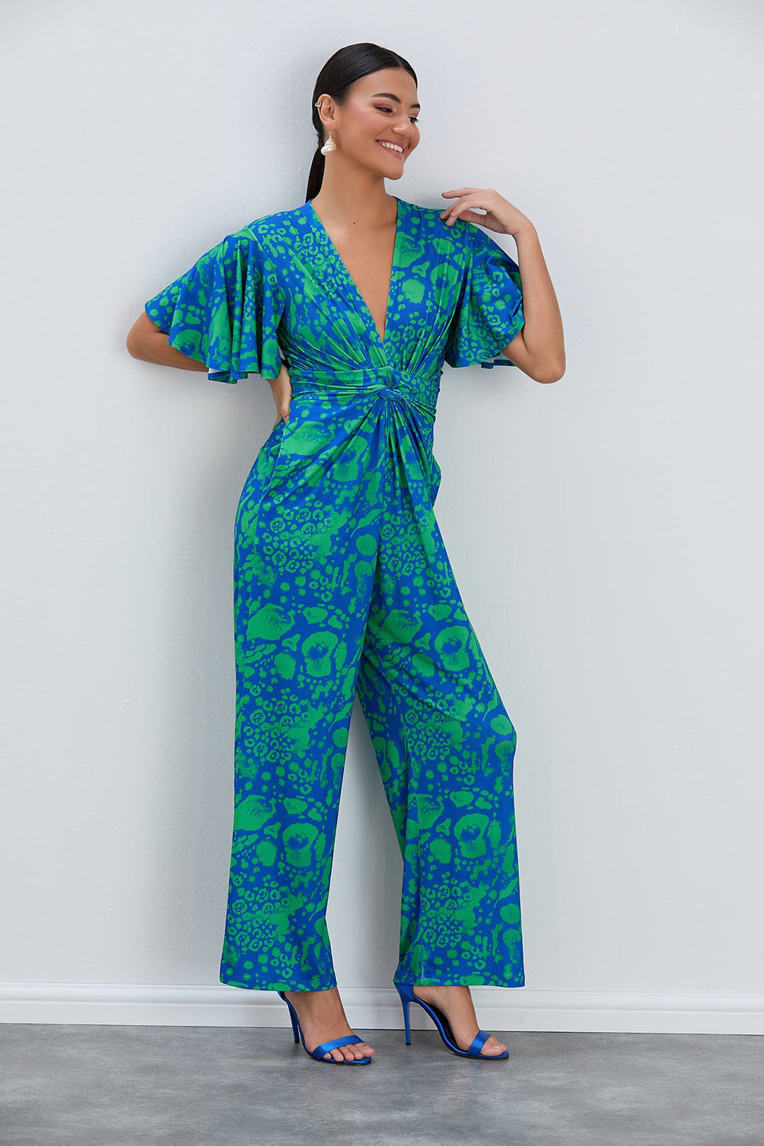 Angel Sleeve Twist Maxi Jumpsuit in Tropical Green print