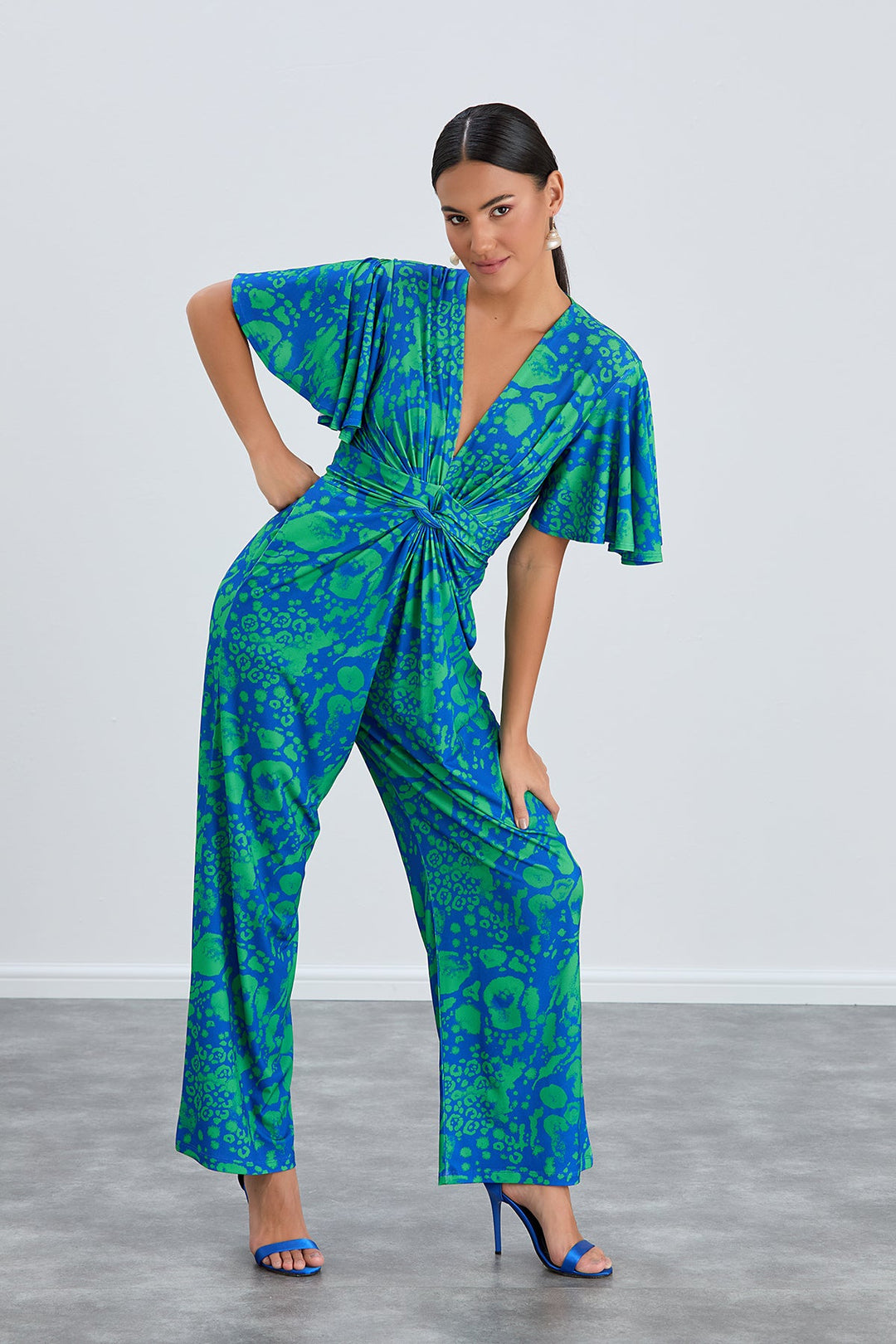 Angel Sleeve Twist Maxi Jumpsuit in Tropical Green print