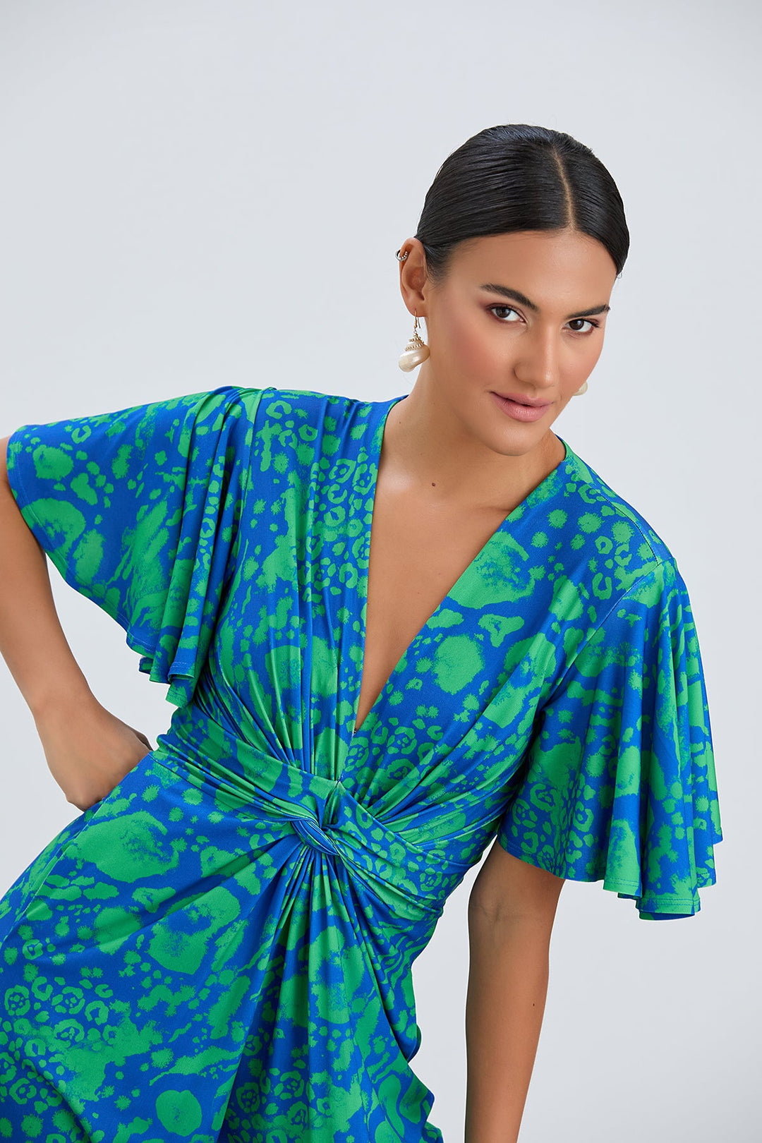 Angel Sleeve Twist Maxi Jumpsuit in Tropical Green print