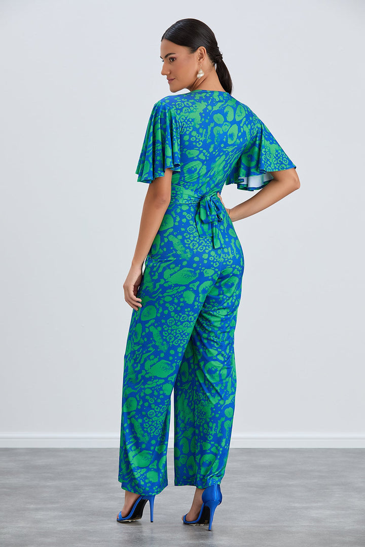 Angel Sleeve Twist Maxi Jumpsuit in Tropical Green print