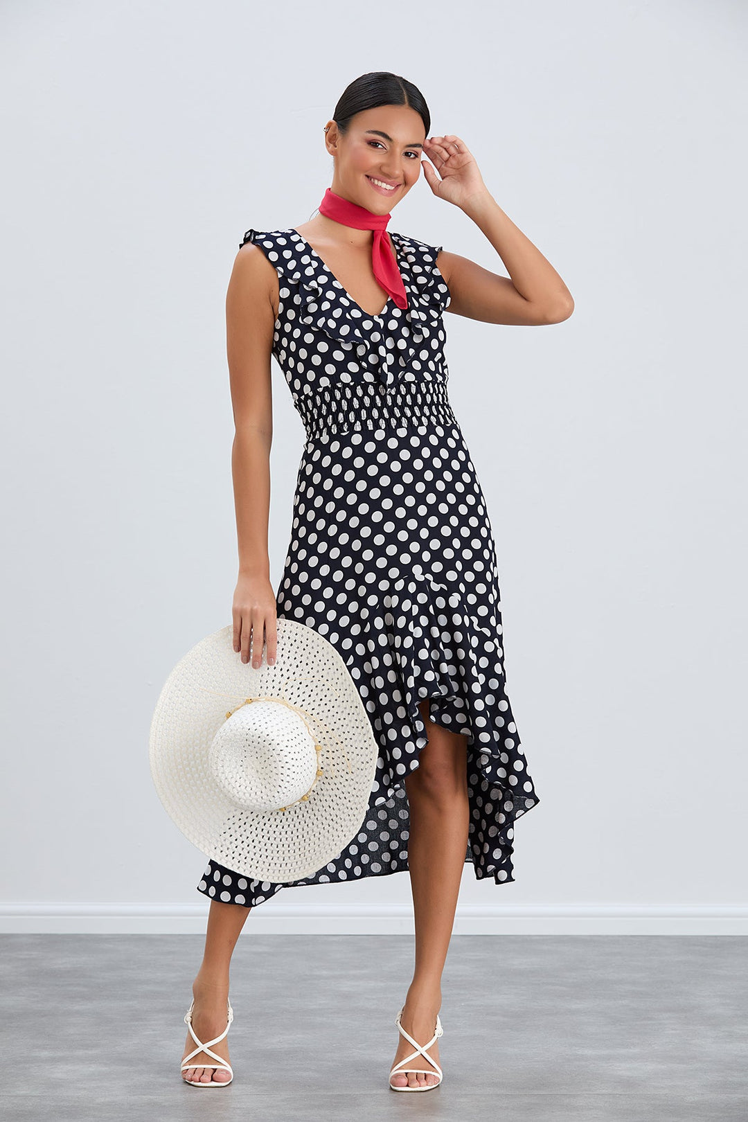 Ruffle Elasticated Midi Dress in Polka dot print