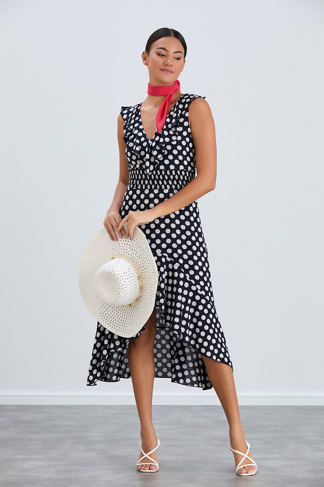 Ruffle Elasticated Midi Dress in Polka dot print