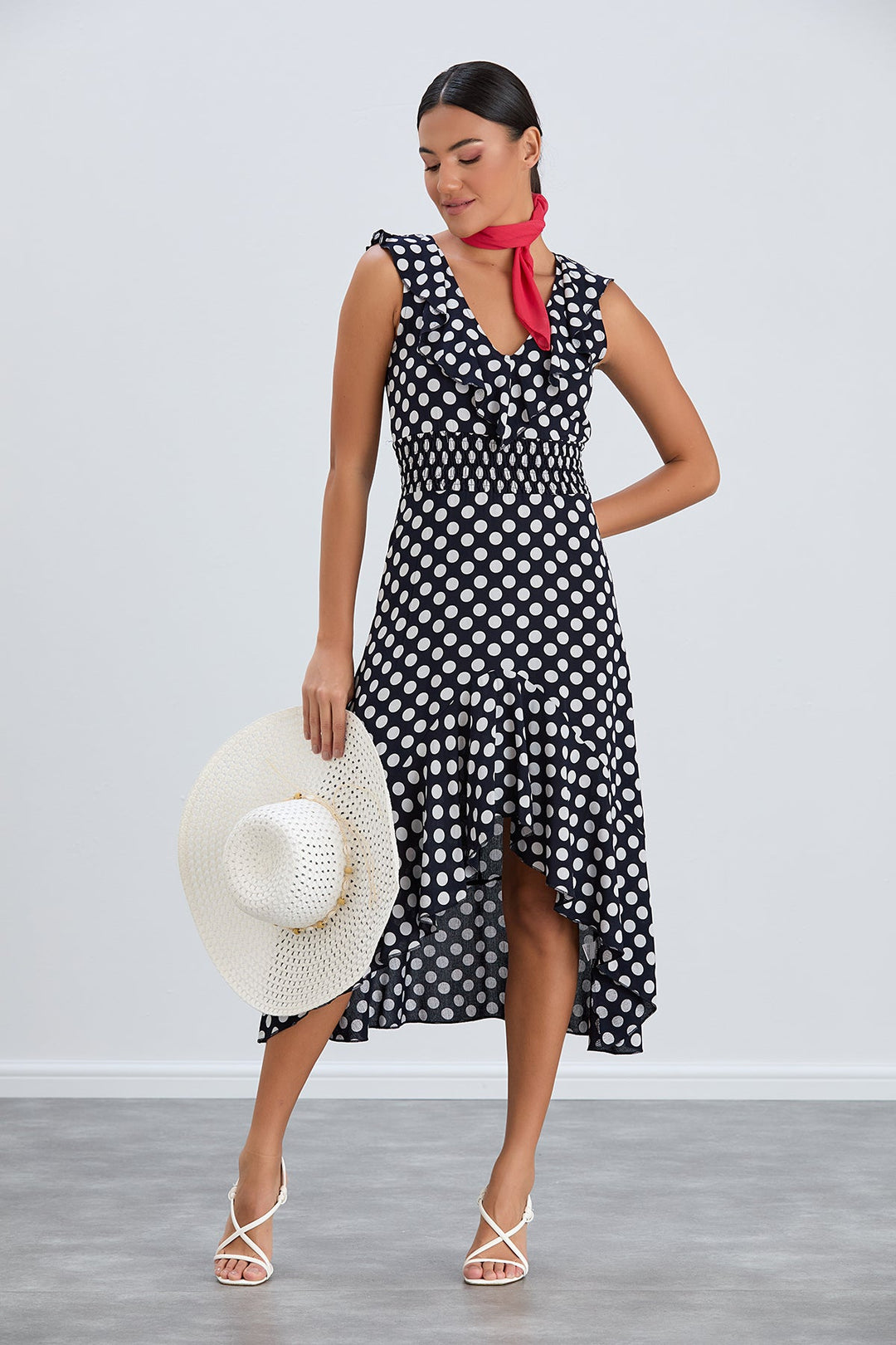 Ruffle Elasticated Midi Dress in Polka dot print