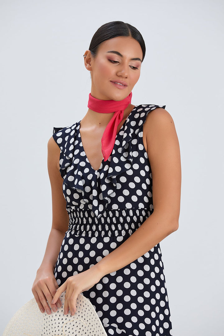 Ruffle Elasticated Midi Dress in Polka dot print