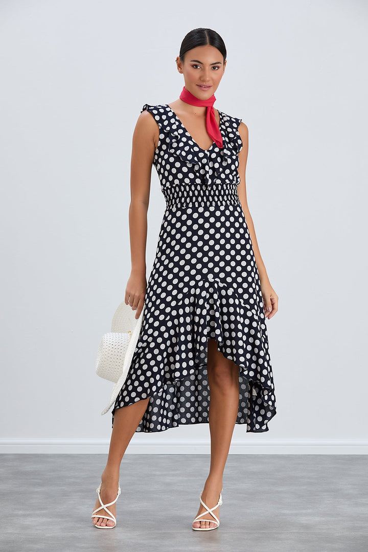 Ruffle Elasticated Midi Dress in Polka dot print