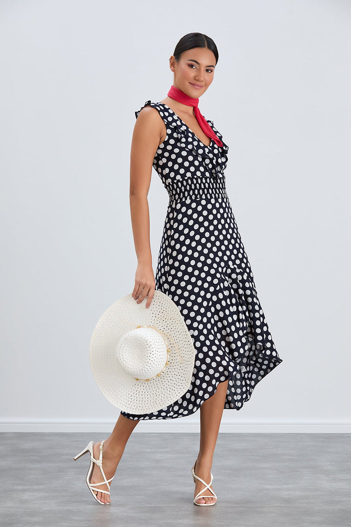 Ruffle Elasticated Midi Dress in Polka dot print