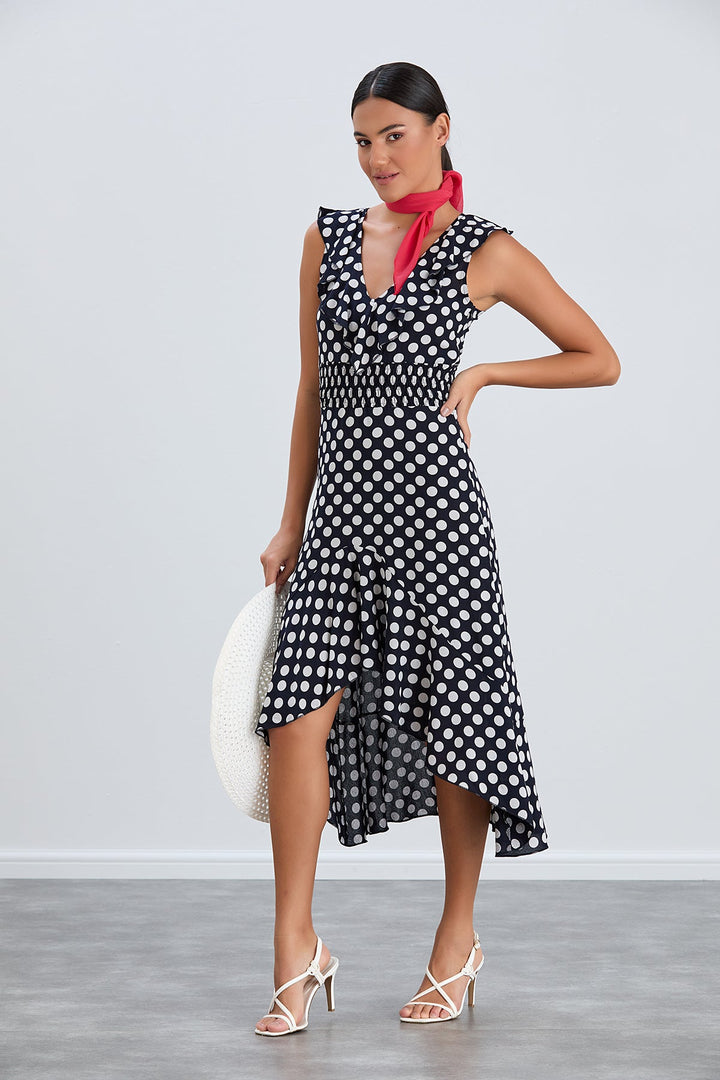 Ruffle Elasticated Midi Dress in Polka dot print