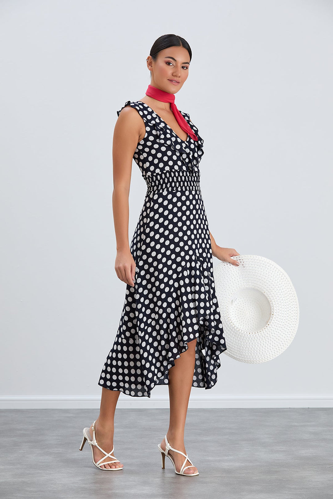 Ruffle Elasticated Midi Dress in Polka dot print