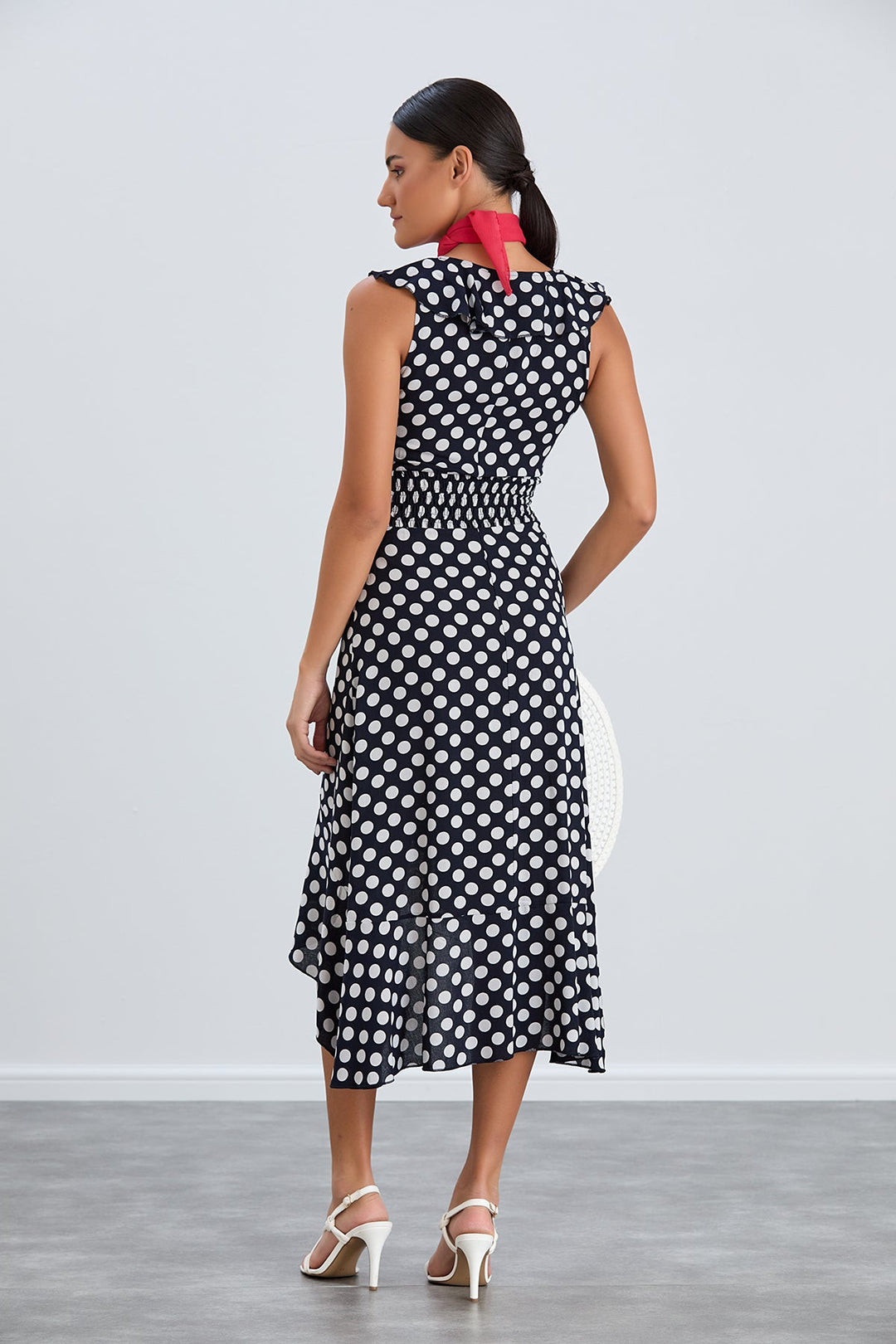 Ruffle Elasticated Midi Dress in Polka dot print