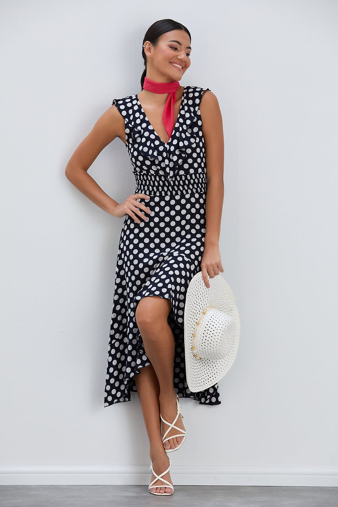 Ruffle Elasticated Midi Dress in Polka dot print