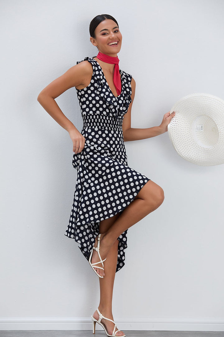 Ruffle Elasticated Midi Dress in Polka dot print