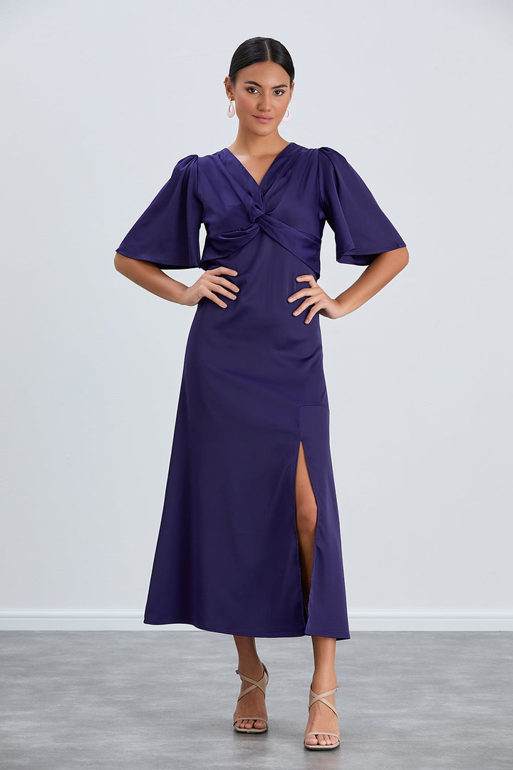 Angel Sleeve Twist Midi Dress with Slit in Sax