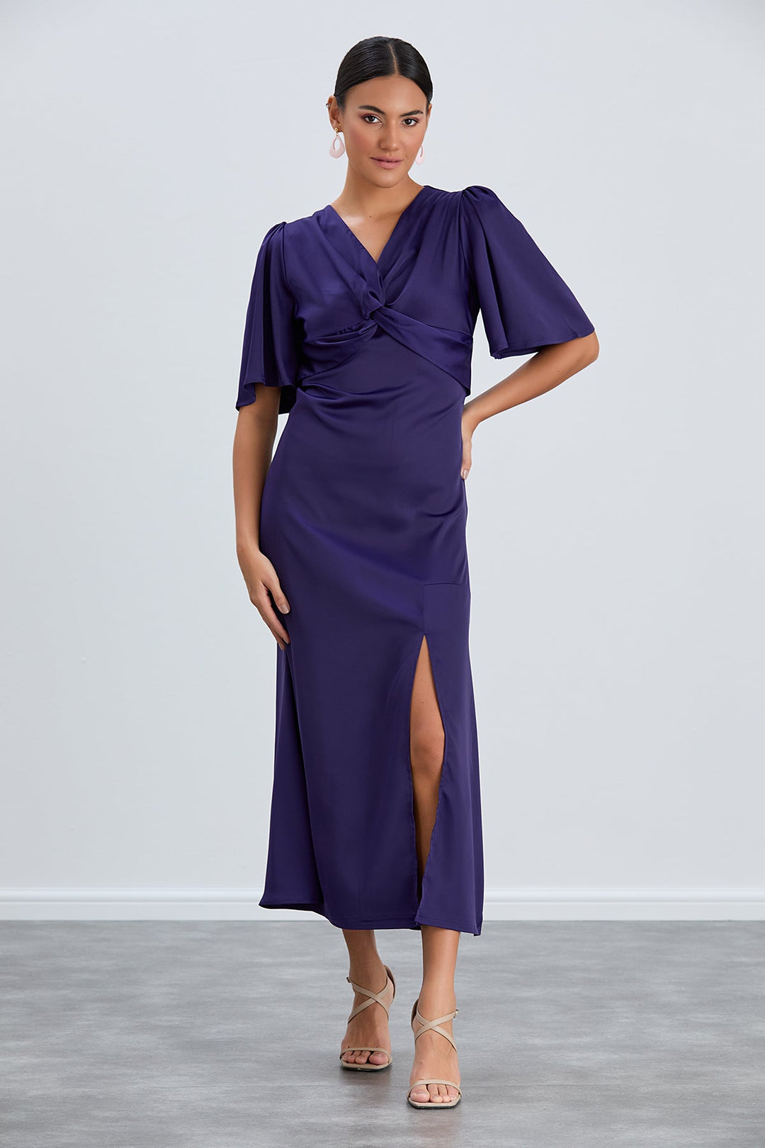 Angel Sleeve Twist Midi Dress with Slit in Sax