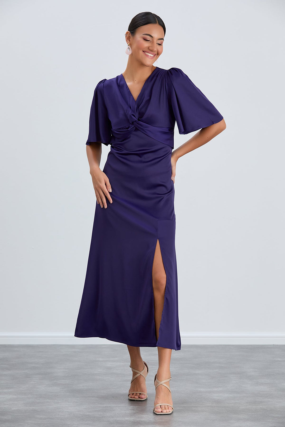 Angel Sleeve Twist Midi Dress with Slit in Sax