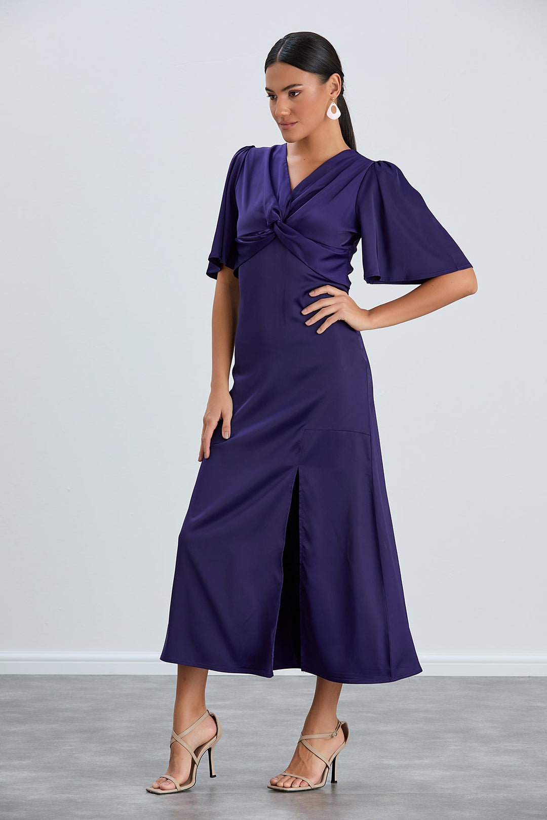 Angel Sleeve Twist Midi Dress with Slit in Sax