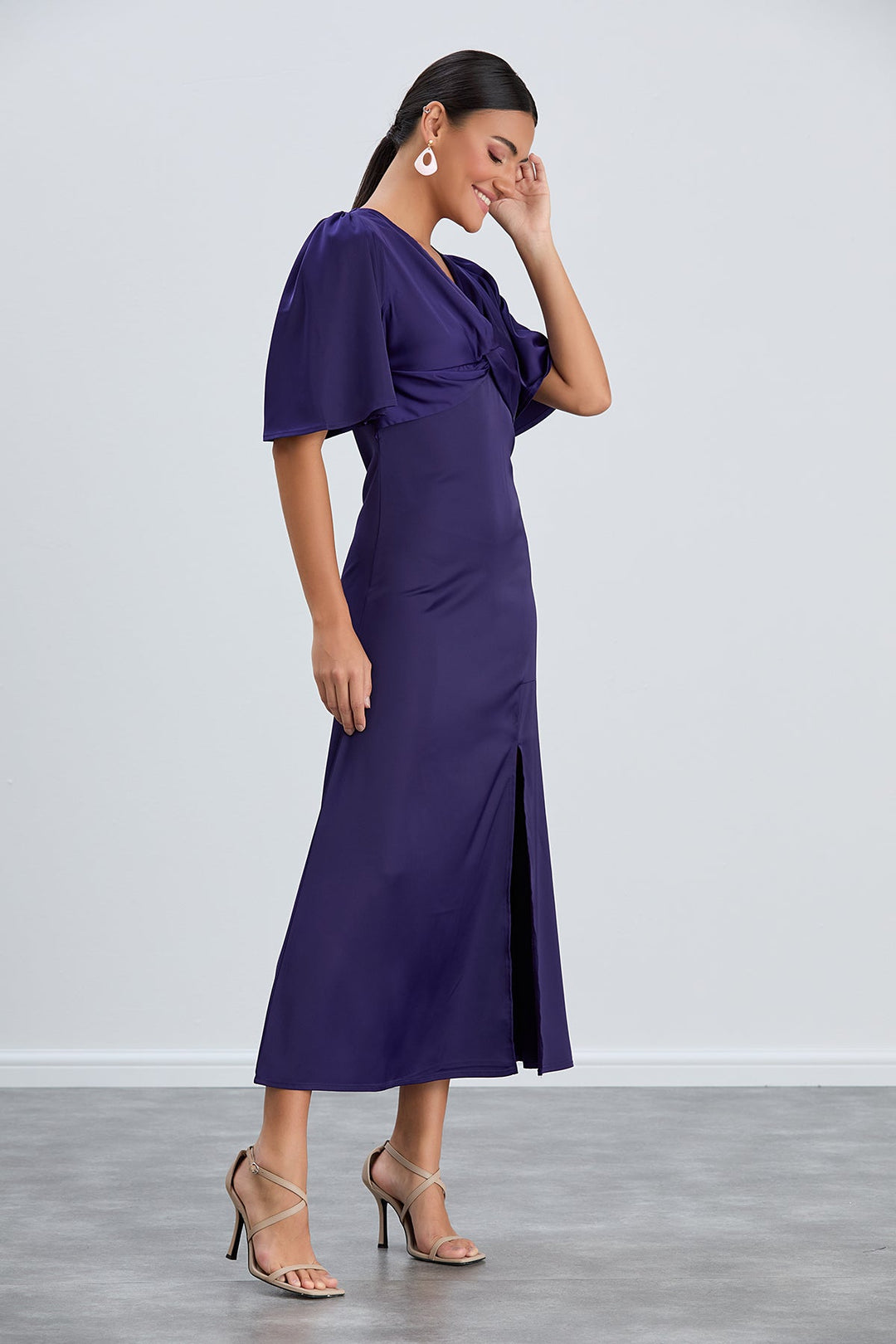 Angel Sleeve Twist Midi Dress with Slit in Sax