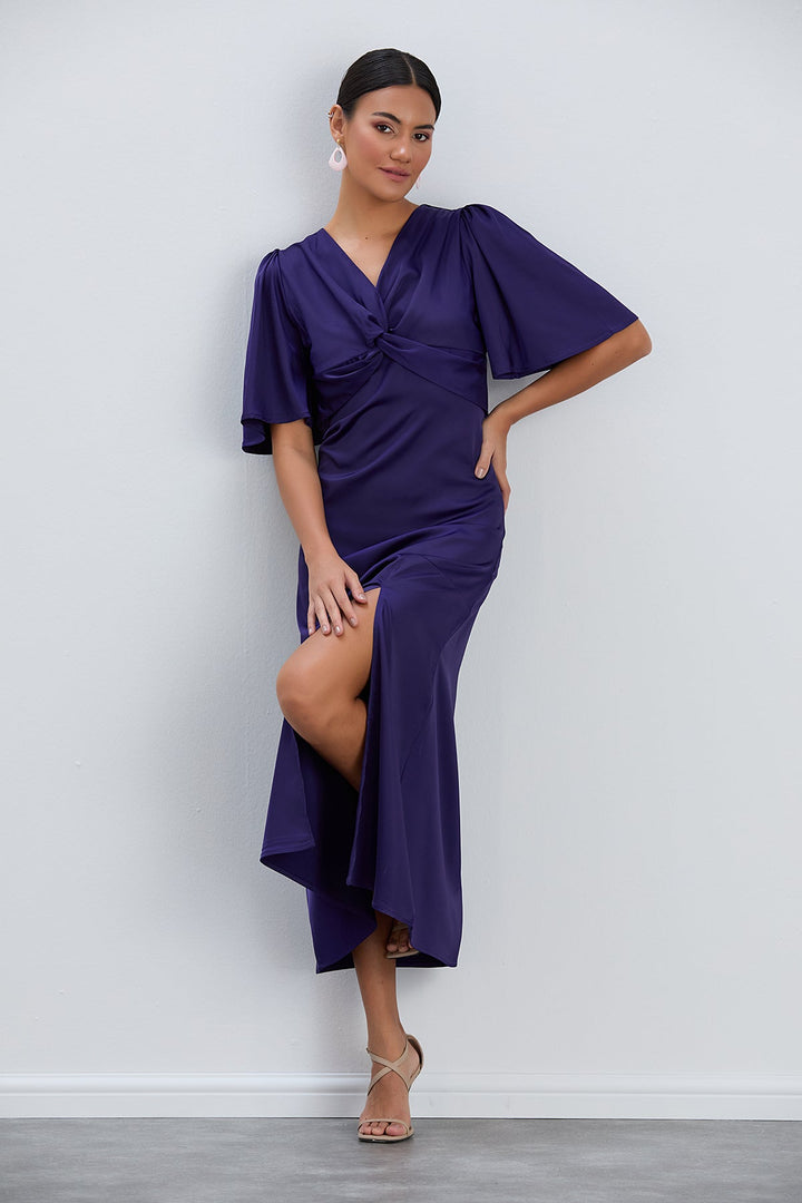 Angel Sleeve Twist Midi Dress with Slit in Sax