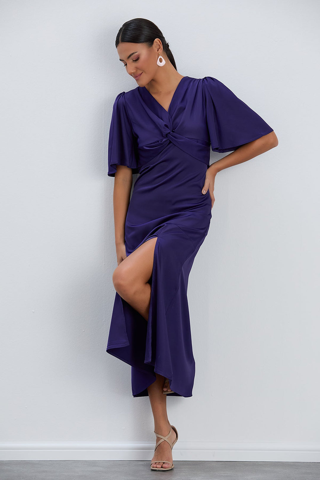 Angel Sleeve Twist Midi Dress with Slit in Sax