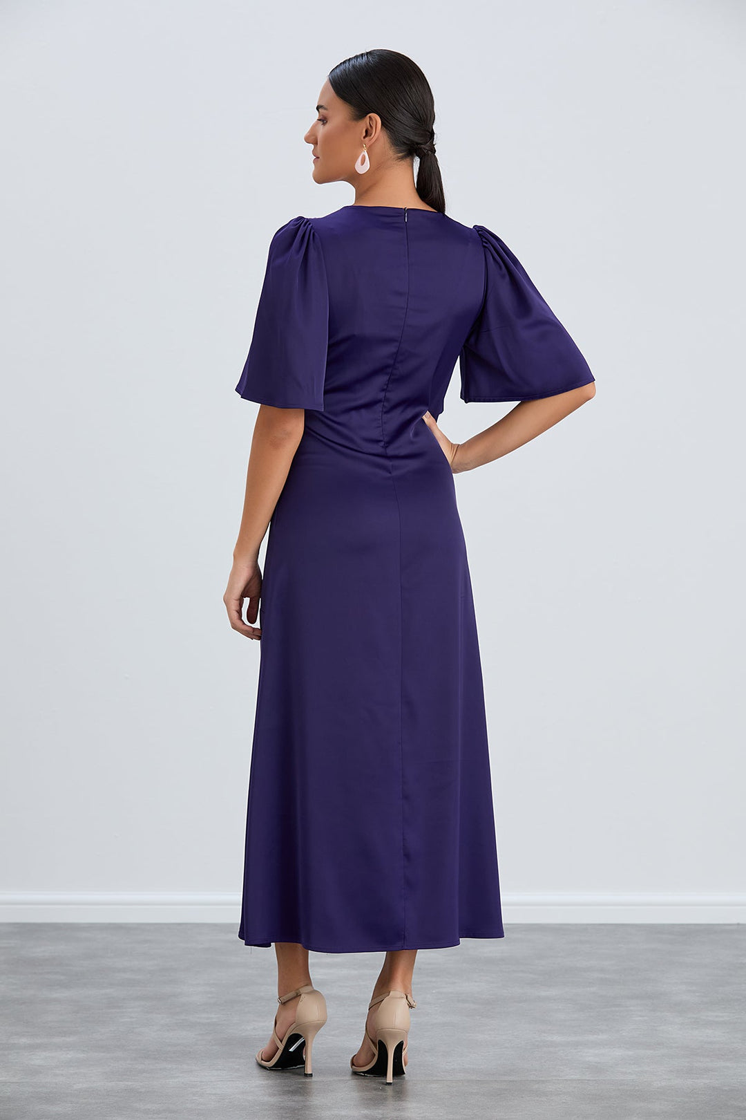 Angel Sleeve Twist Midi Dress with Slit in Sax