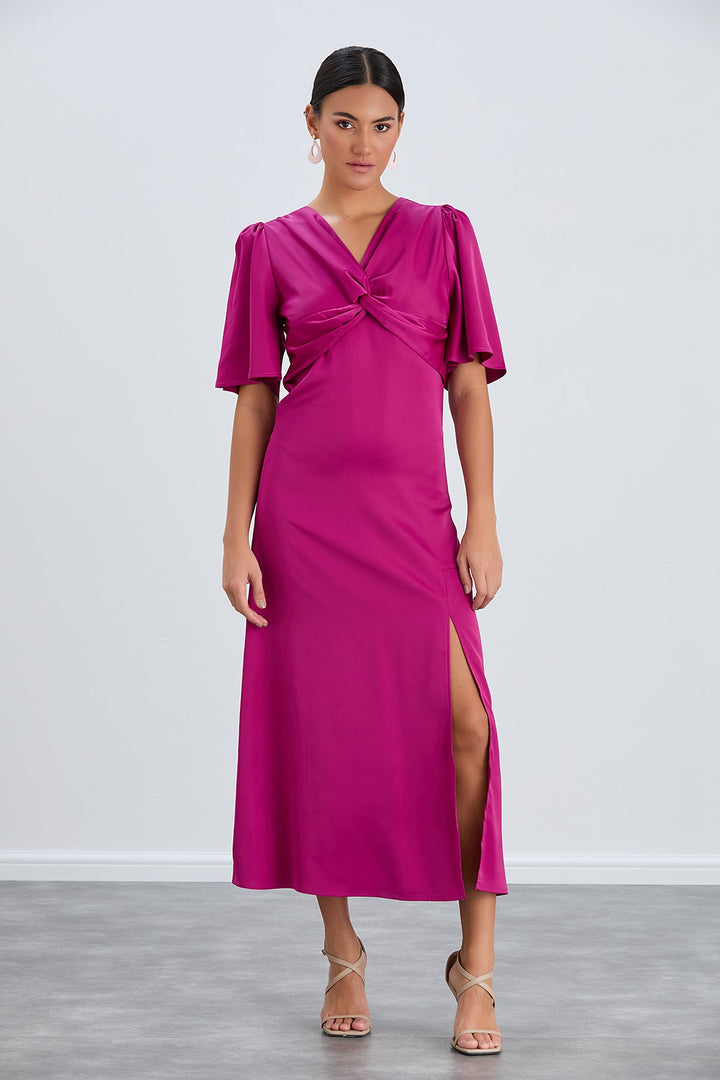 Angel Sleeve Twist Midi Dress with Slit in Fuchsia