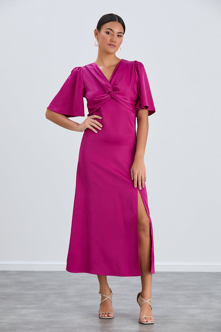 Angel Sleeve Twist Midi Dress with Slit in Fuchsia