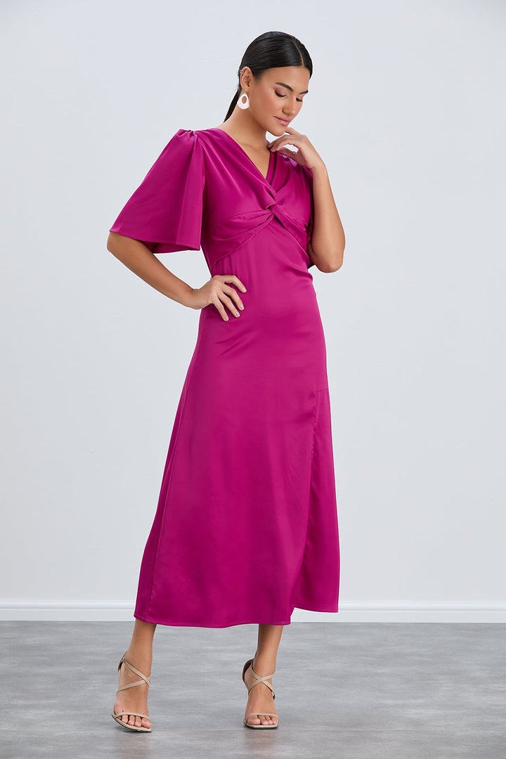 Angel Sleeve Twist Midi Dress with Slit in Fuchsia