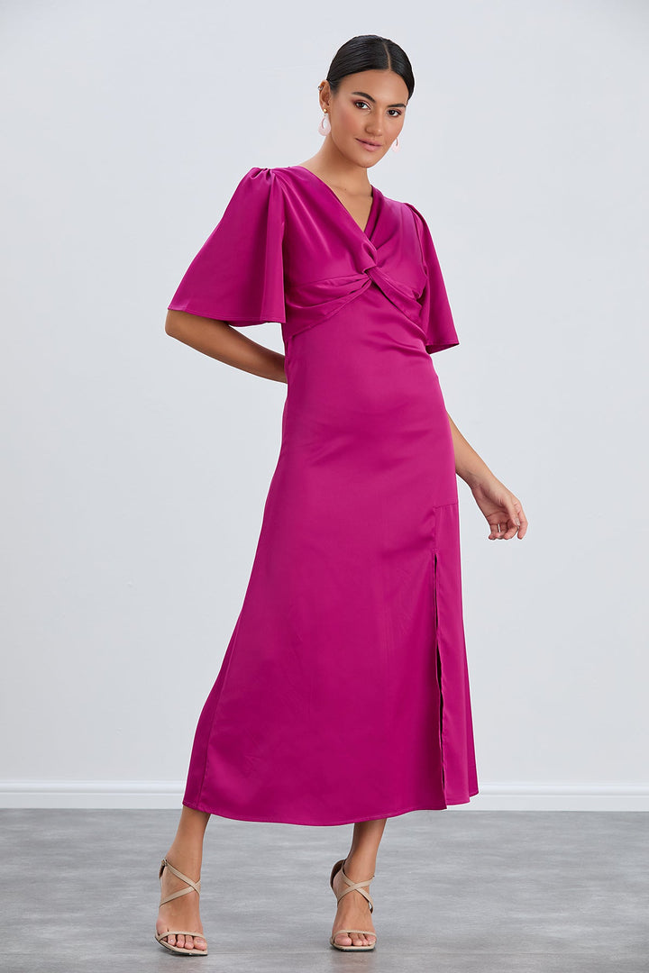 Angel Sleeve Twist Midi Dress with Slit in Fuchsia