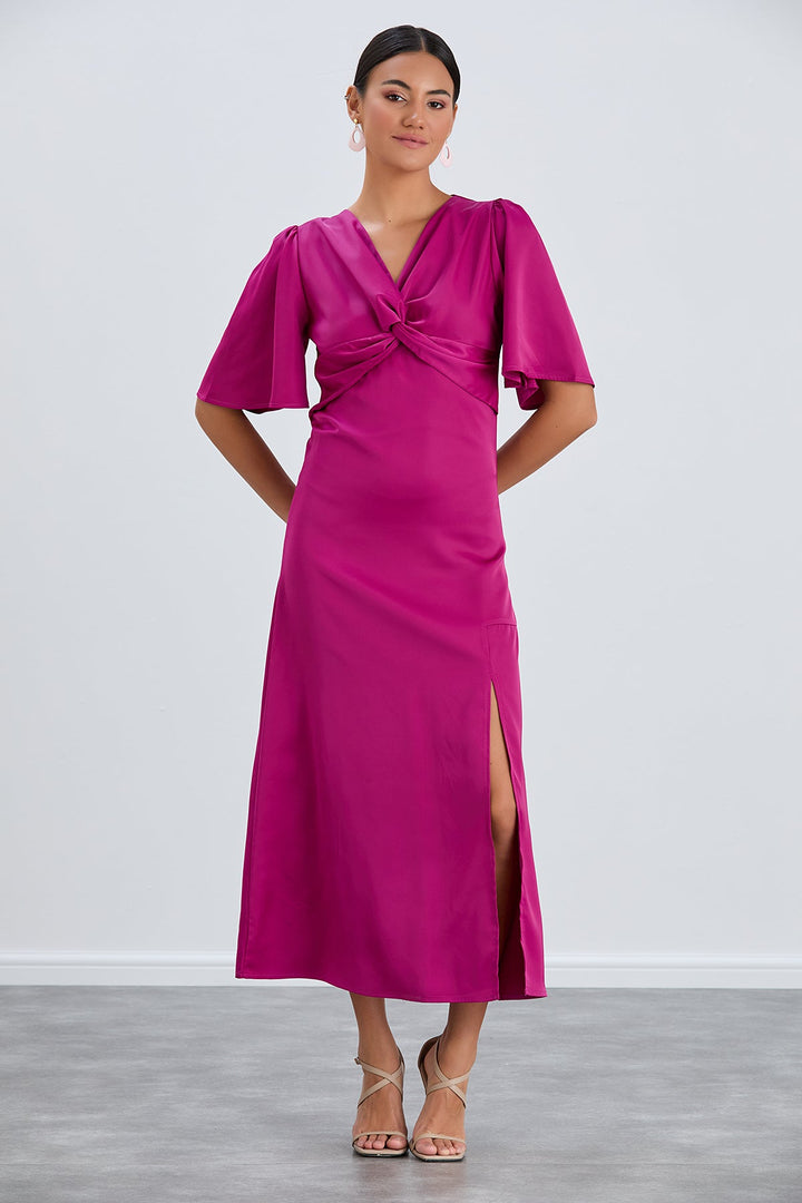 Angel Sleeve Twist Midi Dress with Slit in Fuchsia