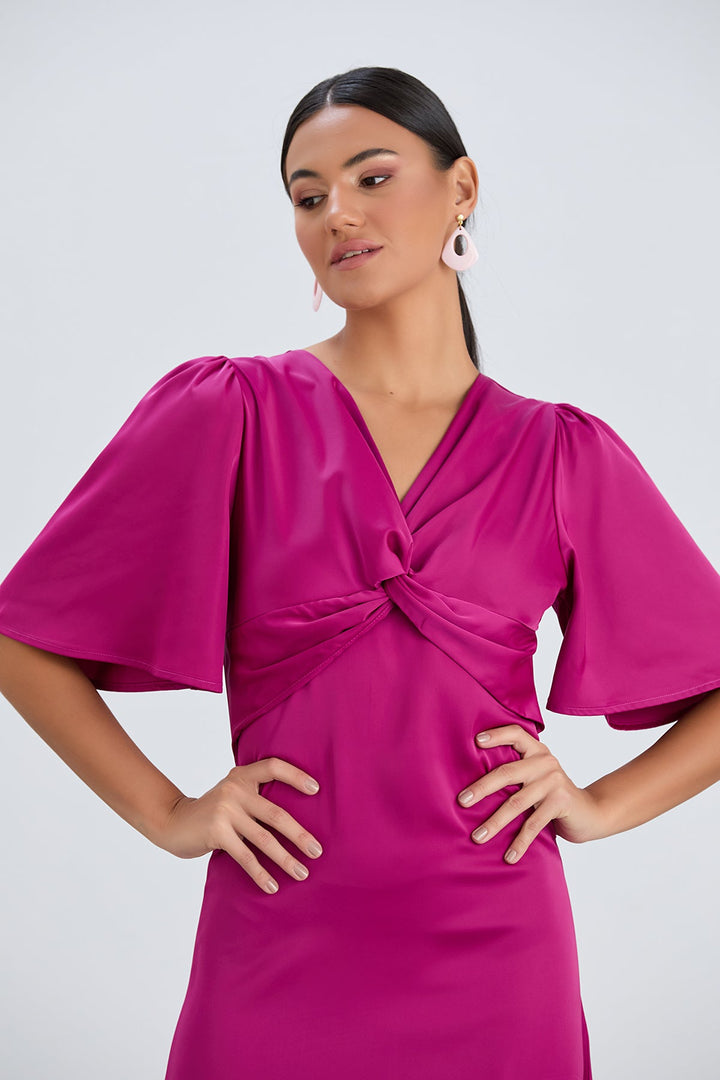 Angel Sleeve Twist Midi Dress with Slit in Fuchsia