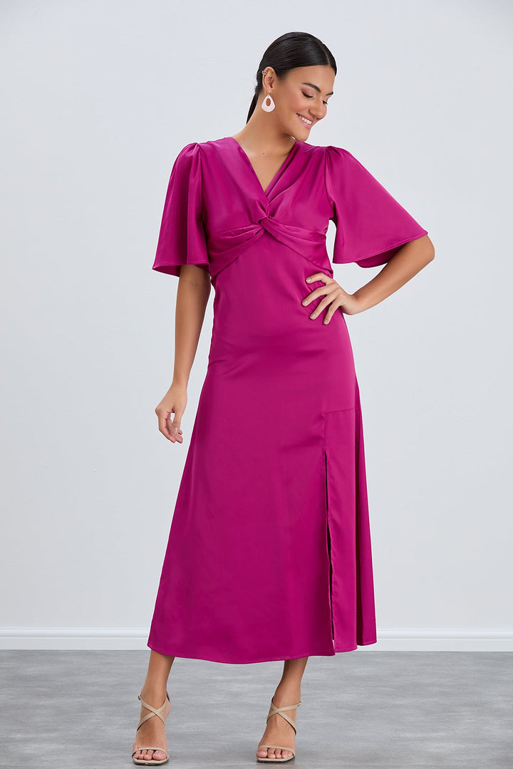 Angel Sleeve Twist Midi Dress with Slit in Fuchsia